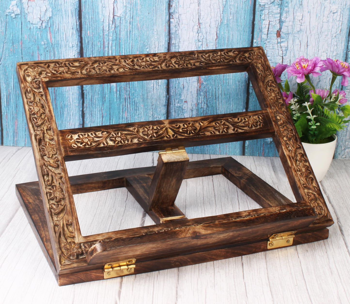 Mother’s Day Adjustable Wooden Book Stand, Handmade Quran Bible Geeta Cookbook Holder, Folding Reading Display Stand, Carved Prayer Rihal Rest, Recipe Book Holder, Gifts for Mom