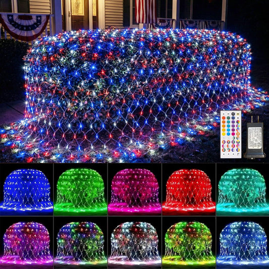 LitHome 204 LED Christmas Net Lights Outdoor Connectable, 9.8ft x 6.6ft Color Changing Christmas Net Lights with Remote, Red White and Blue Light Plug in for Bushes, July 4th, Xmas, Garden Decor