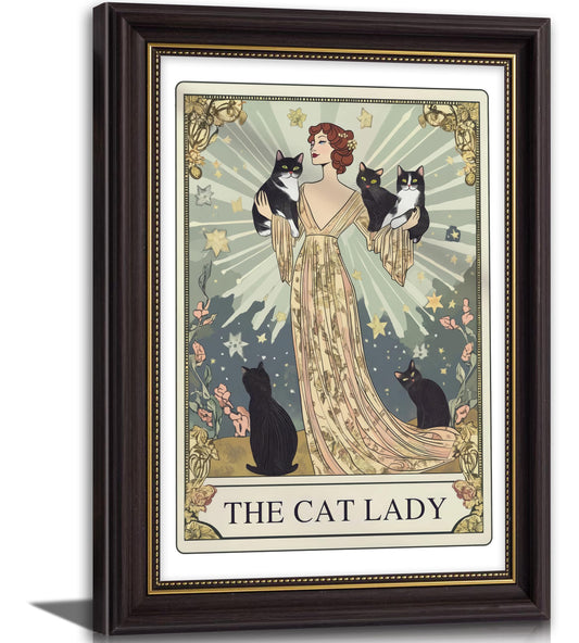 Framed Cat Lady Tarot Wall Art, Cute Animals, Stars & flower Painting Canvas Prints, Whimsical Vintage Black Cats Poster, Mysterious Elegance Artwork for Bedroom Living Room and Cat Lovers 9x11 in