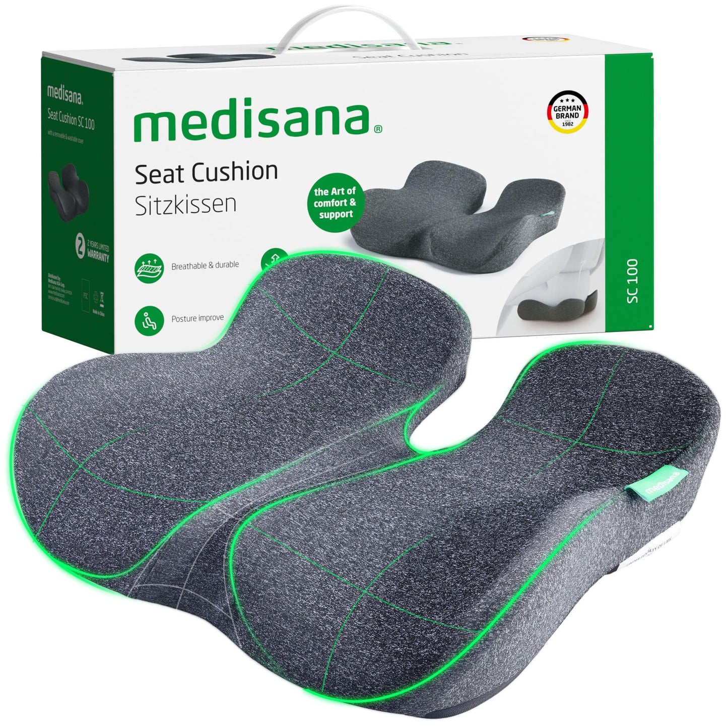 medisana Seat Cushion, SC 100 Seat Cushions for Office Chairs, Car Seat, Wheelchair - Sciatica & Tailbone & Coccyx Pain Relief Pillow for Driver Sedentary, Gift for Women Men(Size:18*14.6*3.54in-Grey)