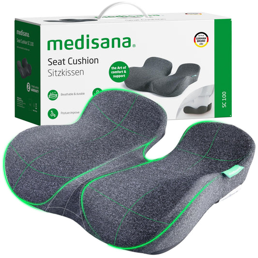medisana Seat Cushion, SC 100 Seat Cushions for Office Chairs, Car Seat, Wheelchair - Sciatica & Tailbone & Coccyx Pain Relief Pillow for Driver Sedentary, Gift for Women Men(Size:18*14.6*3.54in-Grey)