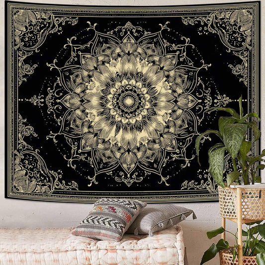 Wegklazax Golden Outline Mandala Tapestry, Intricate Floral Wall Art for Room Decor, Elegant Black and Gold Aesthetic Home Decor 60" L x 44" W