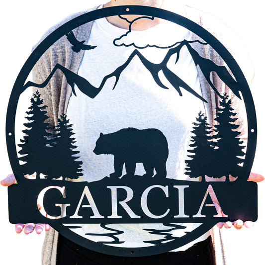Outdoor Bear Personalized Metal Sign | Cabin Decor | Door Monogram | Rustic Decor | Custom Name Sign