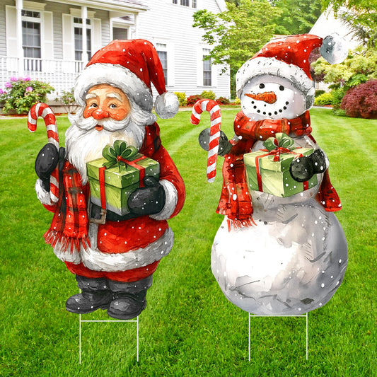 Arosche Large Christmas Yard Signs with Stakes 2Pcs Vintage Santa Claus and Snowman Merry Christmas Yard Signs Decorations Outdoor for Xmas Party Supplies, Lawn, Garden Yard Decor