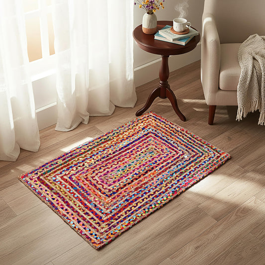 Jute Cotton Braided Rug, Multi Color - 2x3 Feet, Accent Reversible Hand Woven Doormat for Entryway, Kitchen, Living Room | Boho Rustic Floor Mat for Outdoor & Indoor Use - 24x36 Inches
