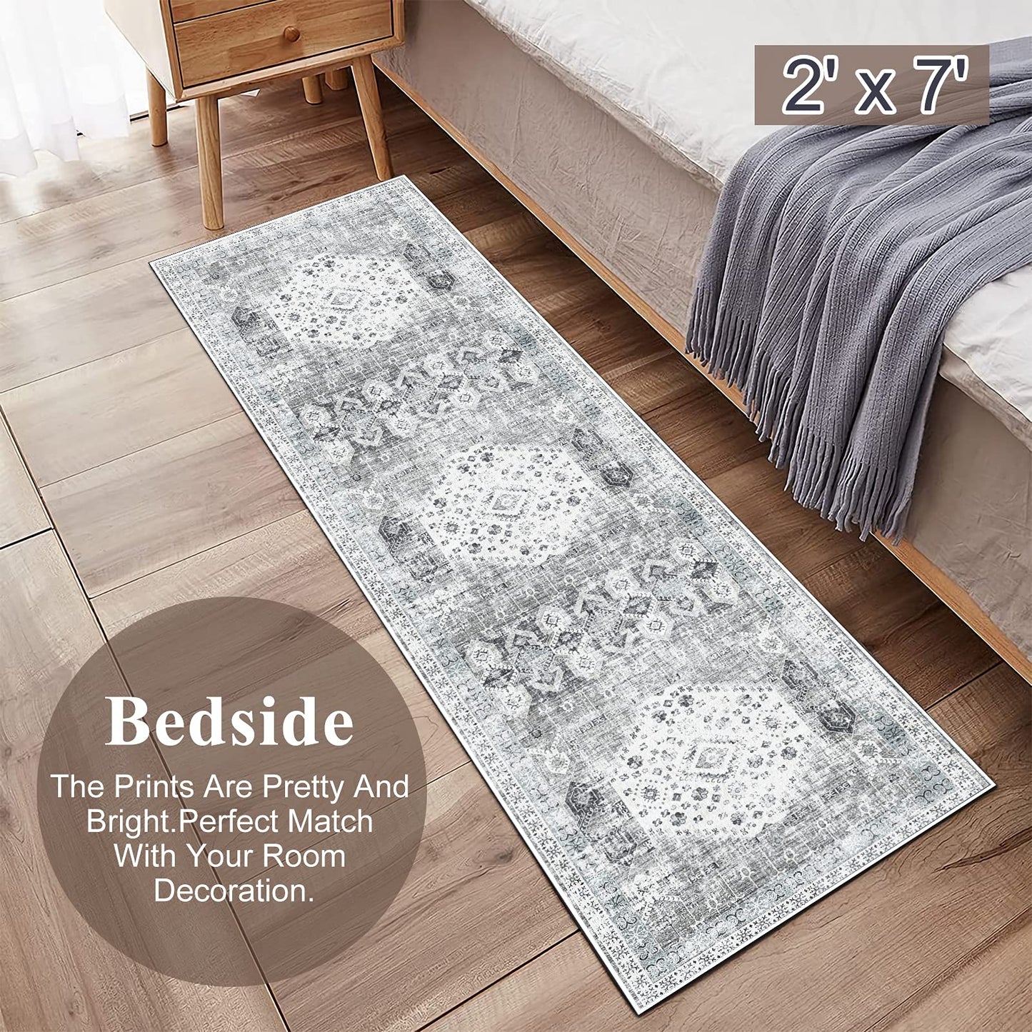 RUUGME 2x7 Washable Runner Rug - Vintage Hallway Rugs Non Slip Stain Resistant Rugs for Kitchen Living Room Bedroom Laundry Room Mat Distressed Rug Carpet Runner for Bathroom 2'x7' Grey