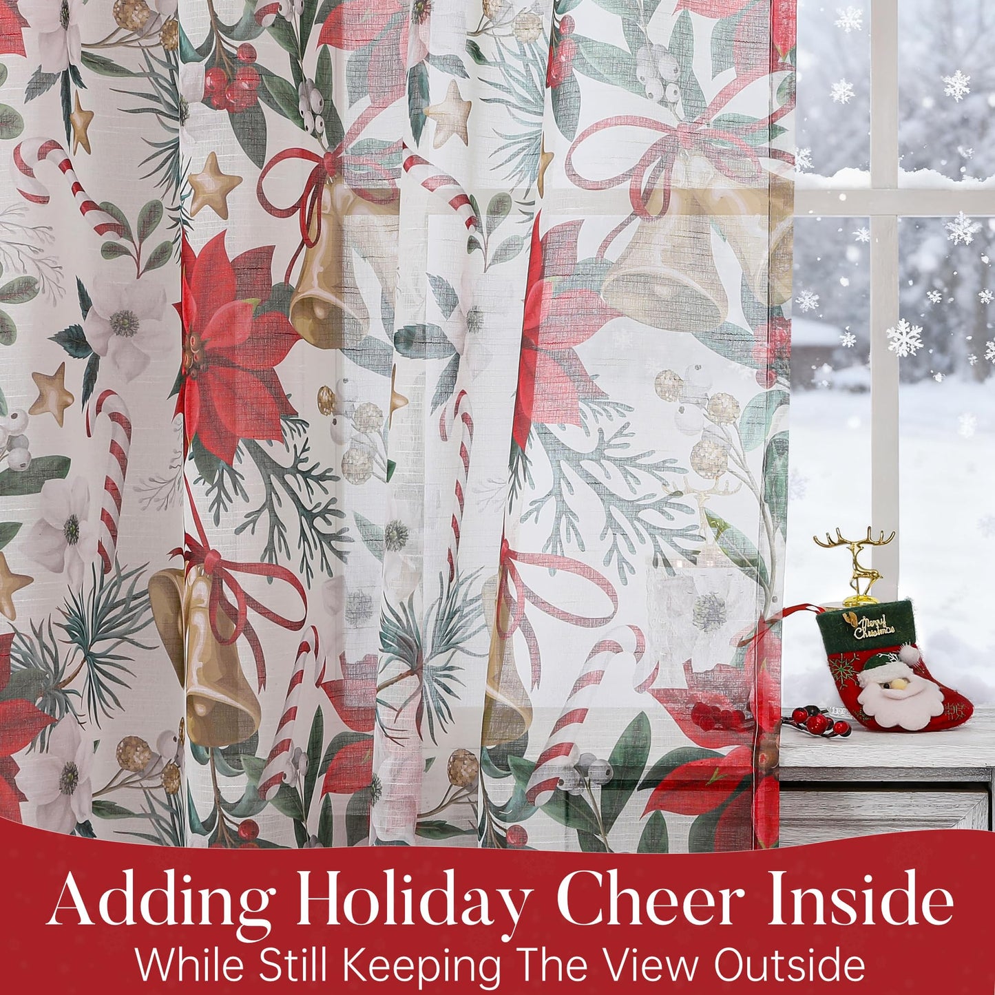 BROSHAN Red and Gold Christmas Sheer Curtains 63 inch Length 2 Panel Set- Xmas Bedroom Window Decoration Curtains in Poinsettias Floral Bells Patterned, Winter Holiday Living Room Curtain Drapes