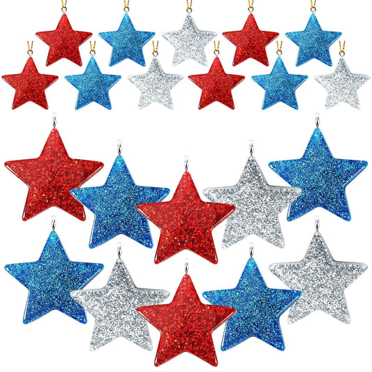 DTOFOOT 48PCS Mini Resin Patriotic Star Ornaments 4th of July Hanging Pendants for Small Tree Glitter Blue Red Star Charms with String for Memorial Day Independence Day 250th Anniversary Party Decor