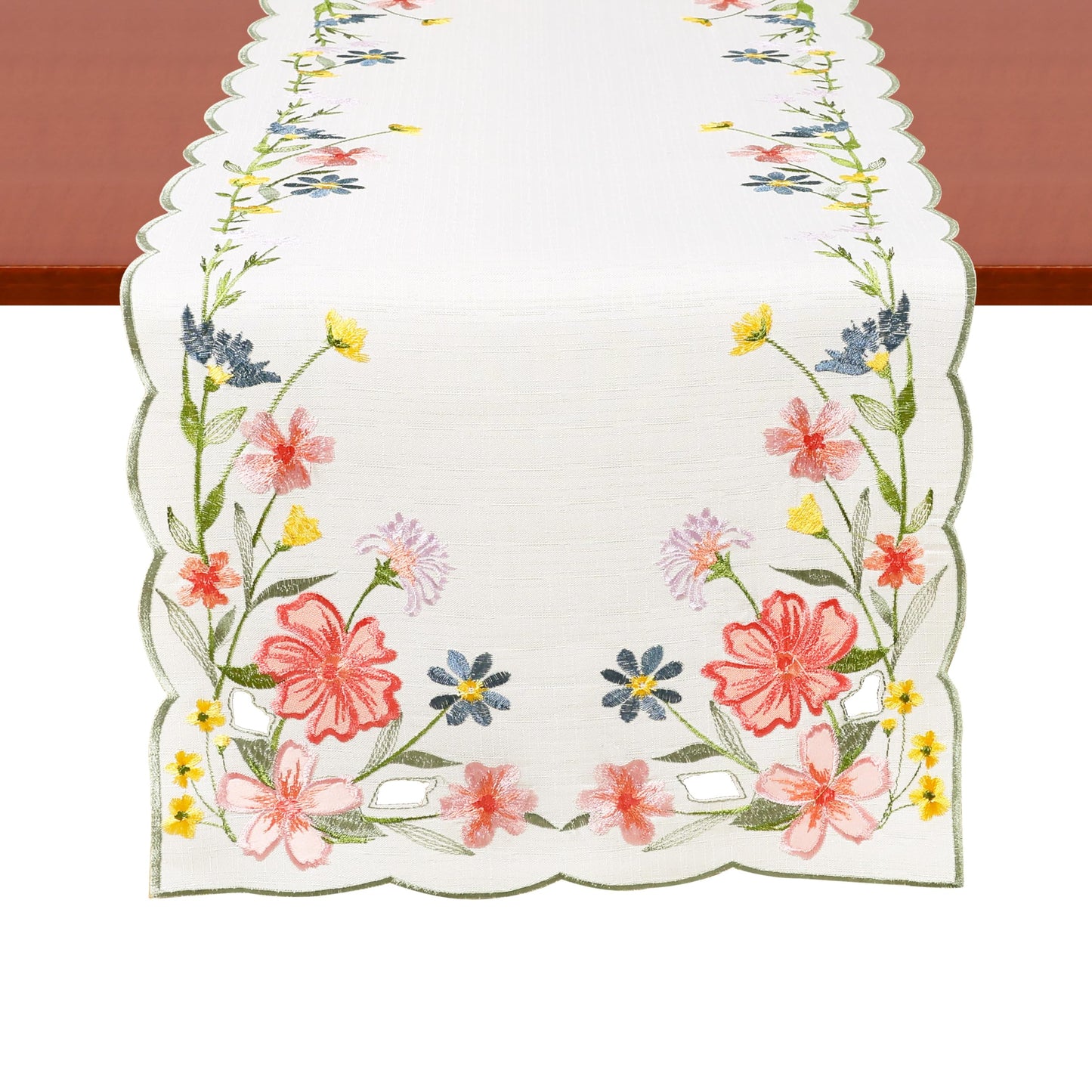 Chlophy Spring Table Runner Embroidered Wildflower Scalloped Small Floral Table Runner Farmhouse Short Flower Runner for Coffee Table Dining Decoration 36 inch Beige