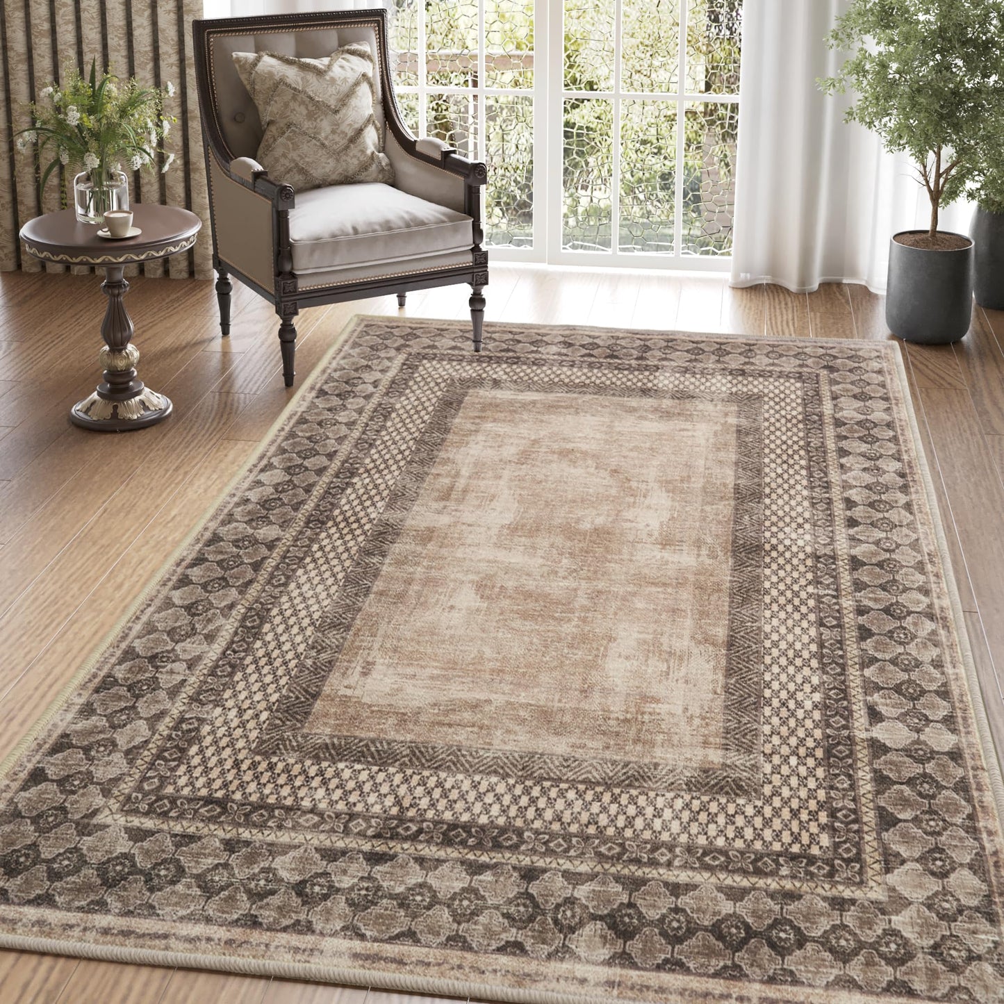 NICETOWN 5x8 Area Rug, Ultra- Thin Brown Oriental Washable Rug for Living Room, 5'x 8' Carpet for Bedroom, Non-Slip Stain Resistant Foldable Large Carpet Pet & Kids Friendly for Dining Room