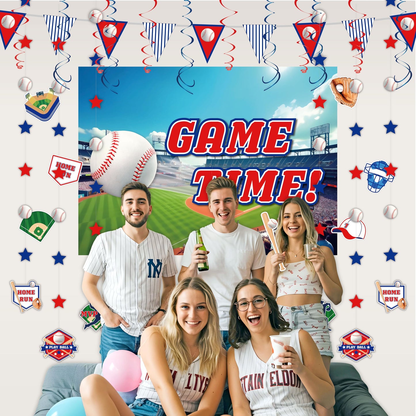 HonuGoGo Baseball Party Decorations, 33PCS Set with Game Time Backdrop, Paper Banners, Hanging Swirls and Cutouts, Red Blue White Baseball Themed Decor for Sport Events and Birthday Celebrations