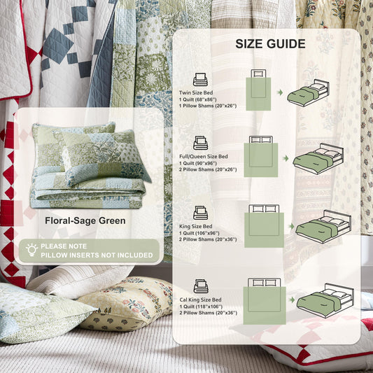 WDCOZY 100% Cotton Reversible Patchwork Quilt King Size, Lightweight Farmhouse Vintage Shabby Chic Bedding Set with 2 Pillow Shams, Green Floral Printed Pattern Bedspread Coverlet for All Seasons