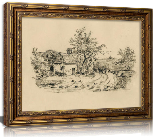 Vintage Gold Framed Sketch Cottage Canvas Wall Art,Retro Rustic Farmhouse Neutral Cottagecore Painting Picture Wall Decor,Country Nature Landscape Poster Print Artwork,for Bedroom Office