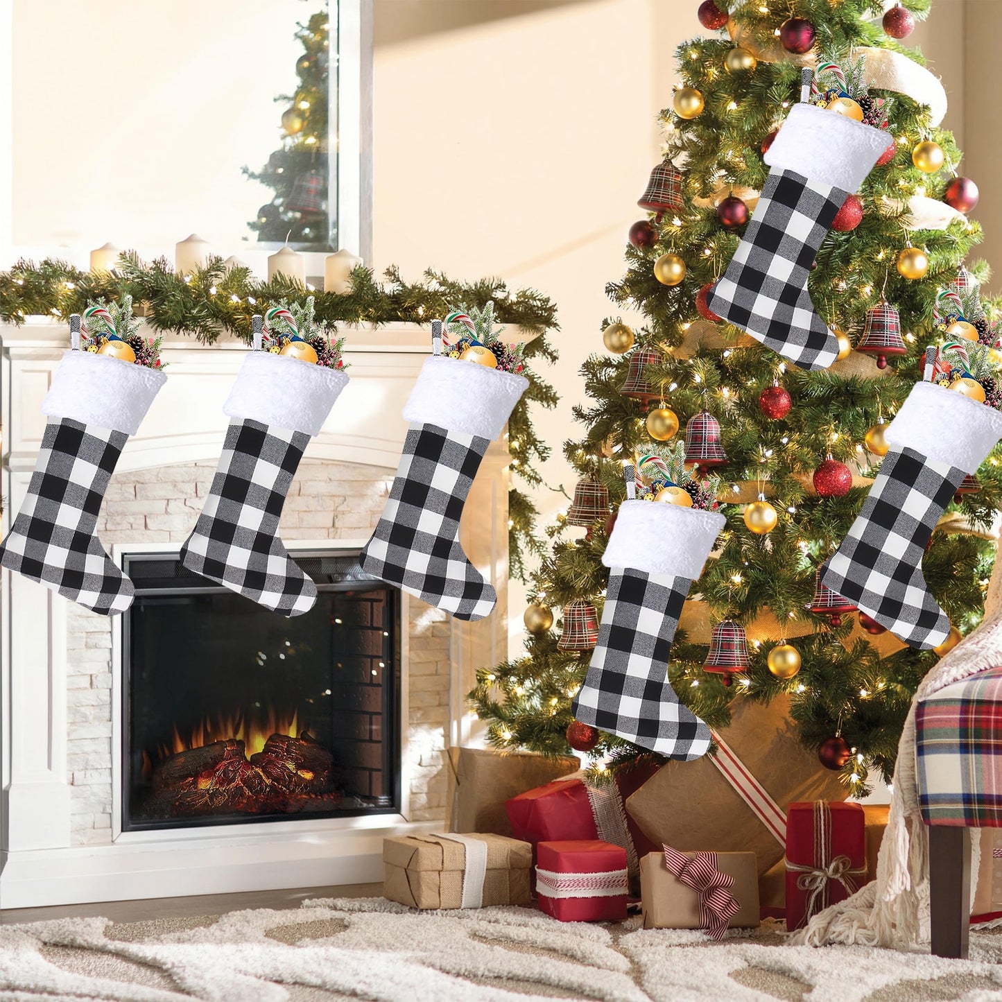 Christmas Stockings 4 Pack,Buffalo Plaid Christmas Stockings,20 Inch Classic Large White Black Plaid Christmas Stockings Decorations,Xmas Stockings Set of 4 Fireplace Family Holiday Party Decor