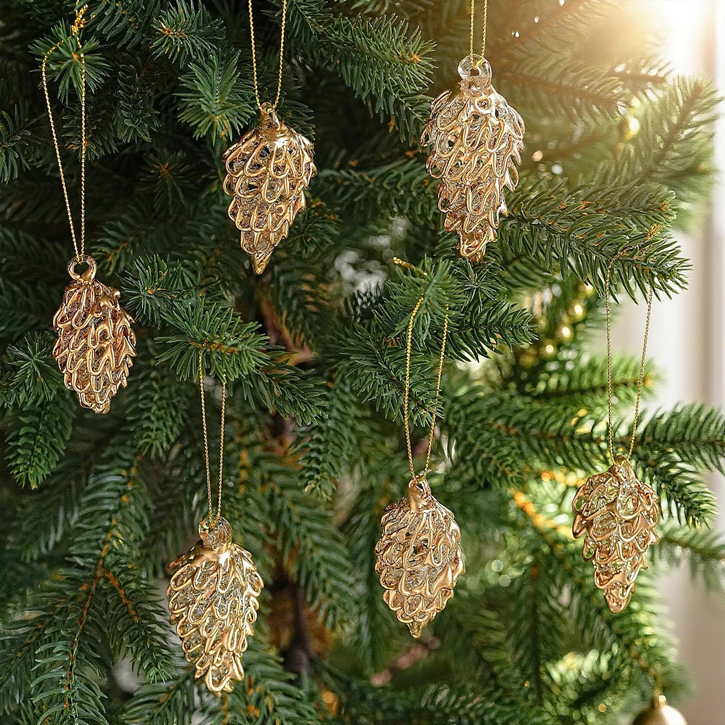 Spun Glass Pine Cone Christmas Ornaments for Tree, Crystal Pinecone Ornament Bulk for Christmas Tree, 2025 Blown Glass Home Decor Xmas Gift, Set of 6 Winter Decor