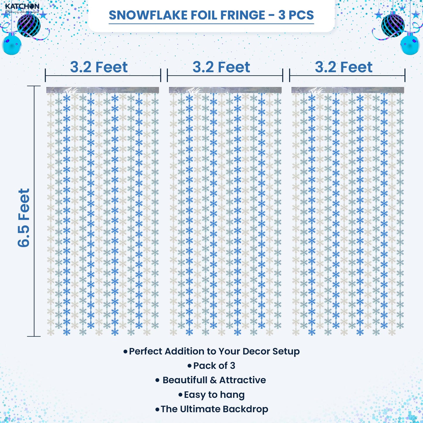 KatchOn, Blue Snowflake Fringe Curtain - Pack of 3 | Snowflake Tinsel Backdrop for Christmas Decorations Indoor | Christmas Foil Fringe Curtains | Snowflake Curtain for Snowflake Decorations