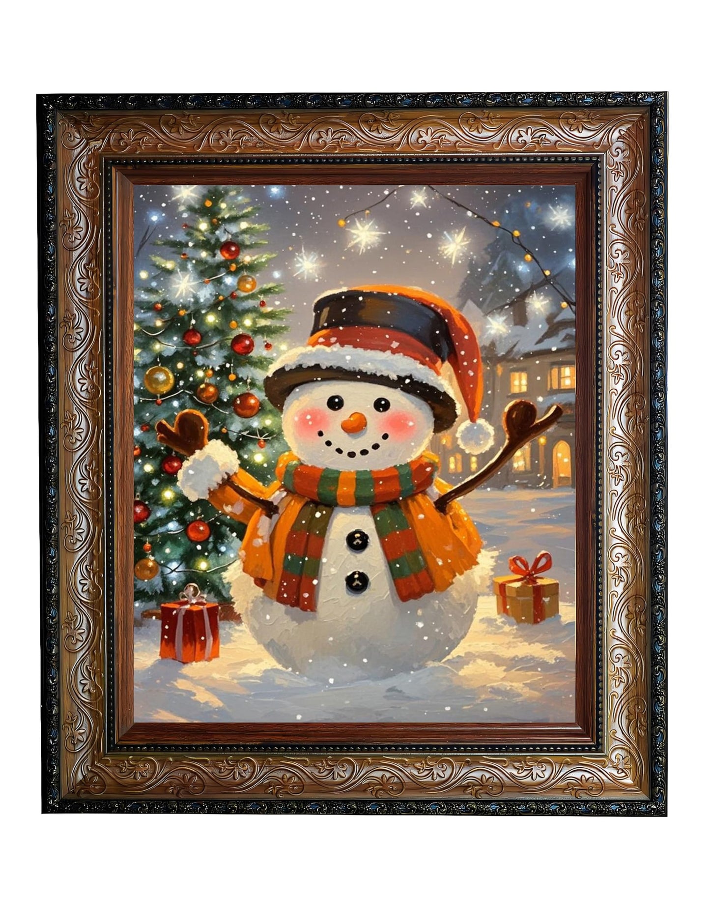 Cheerful Christmas Snowman Wall Art Print, Festive Winter Holiday Painting, Cute Snowy Christmas Tree Home Decor, Whimsical Holiday Poster, 8x10 Inches Unframed