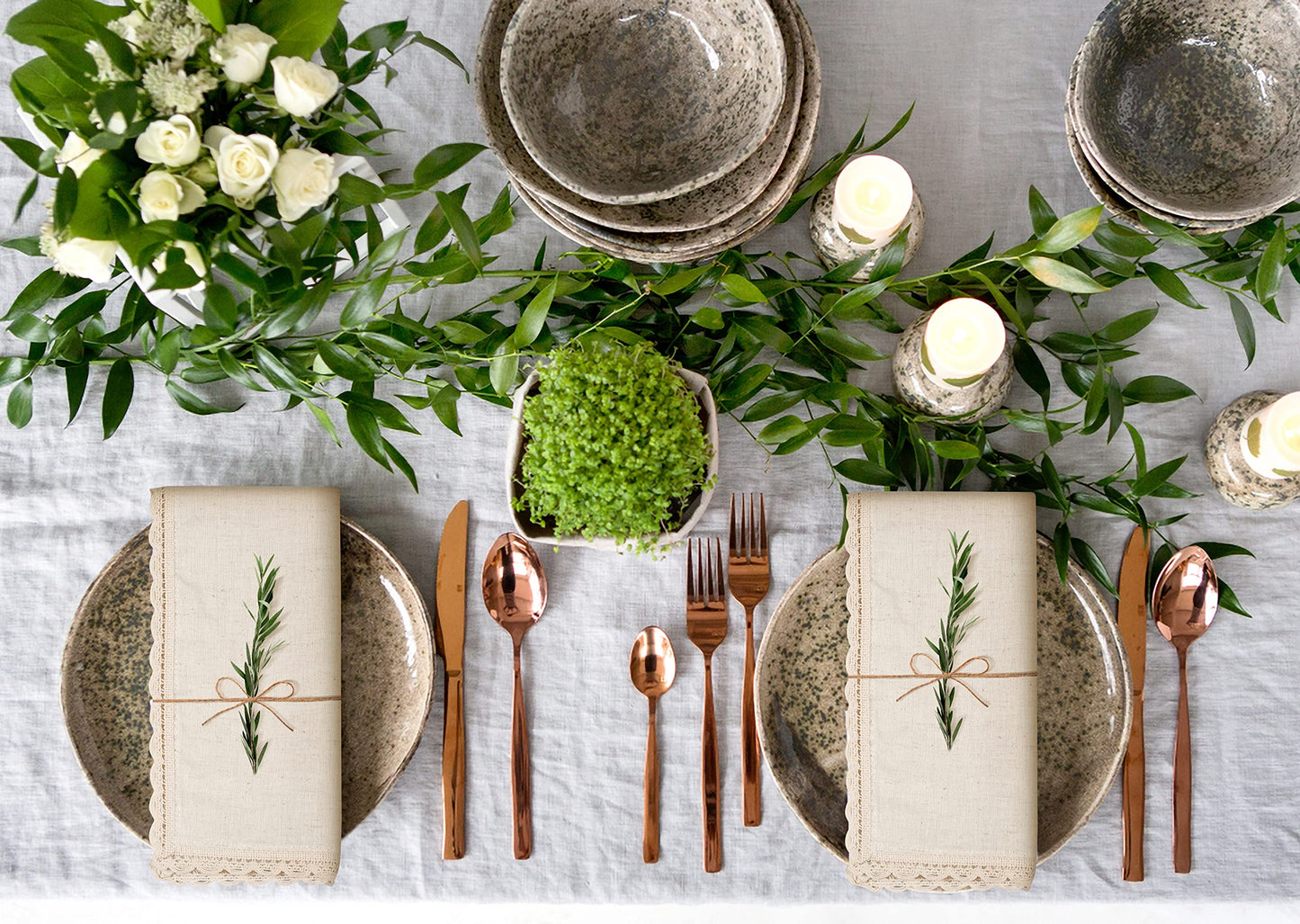 Ramanta Home Decorative Cloth Dinner Napkins Set of 4, 20x20 Inch Natural Lace Flax Cotton Napkins with Mitered Corners, Oversized Use, Parties, Weddings, Spring, Easter Cloth Napkins
