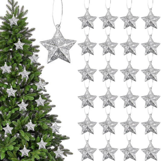 Shappy 48 Pcs Glitter Star Ornaments Christmas Tree Mini Hanging Stars Christmas Decorations Plastic Festive Embellishments for Holiday Party Weddings Home Decoration (Silver)