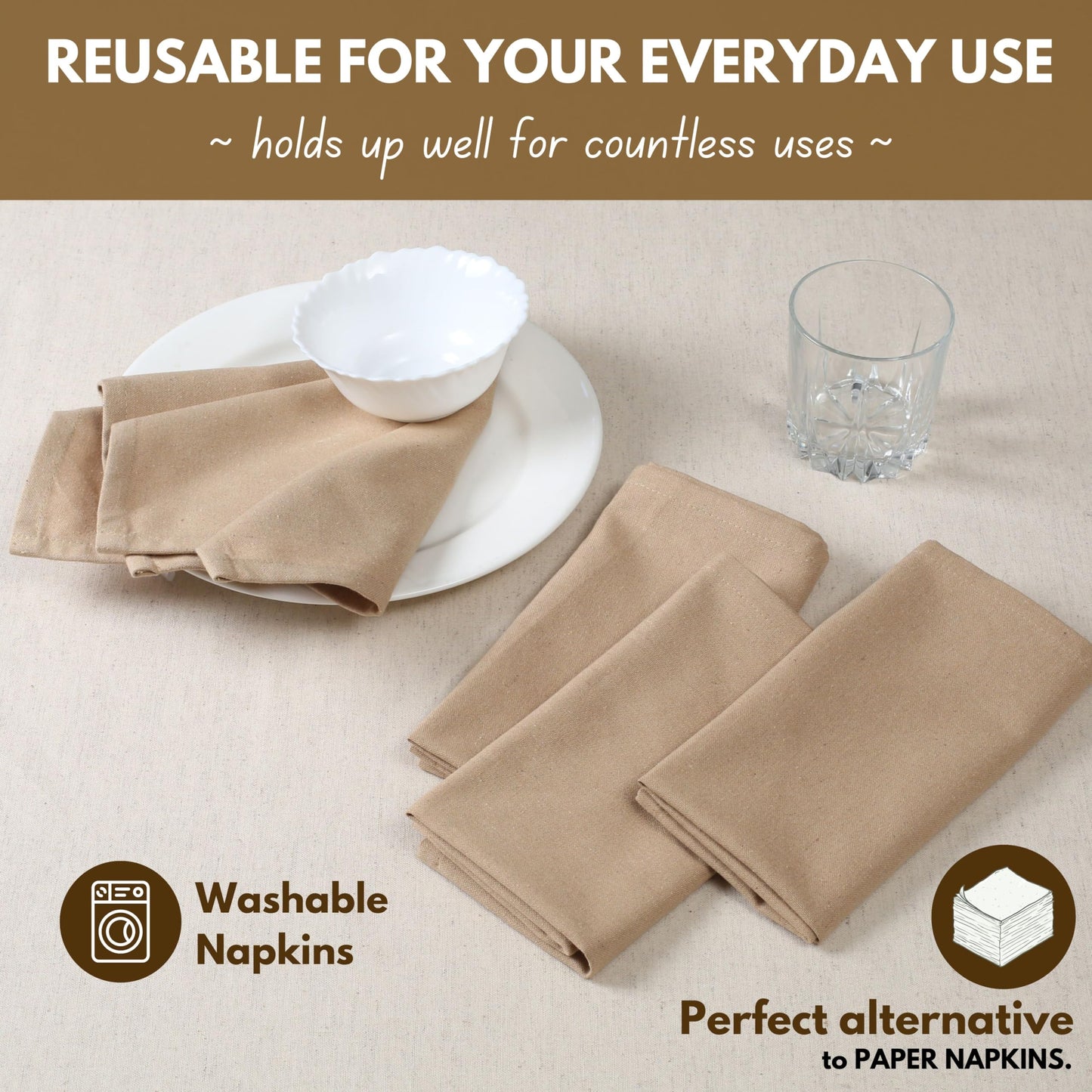 Native Fab Cloth Napkin Set of 12, 100% Cotton, Washable, Reusable Dinner Cloth Napkin 17x17 inches, Table Decor Napkins for Dinner, Events, Beige