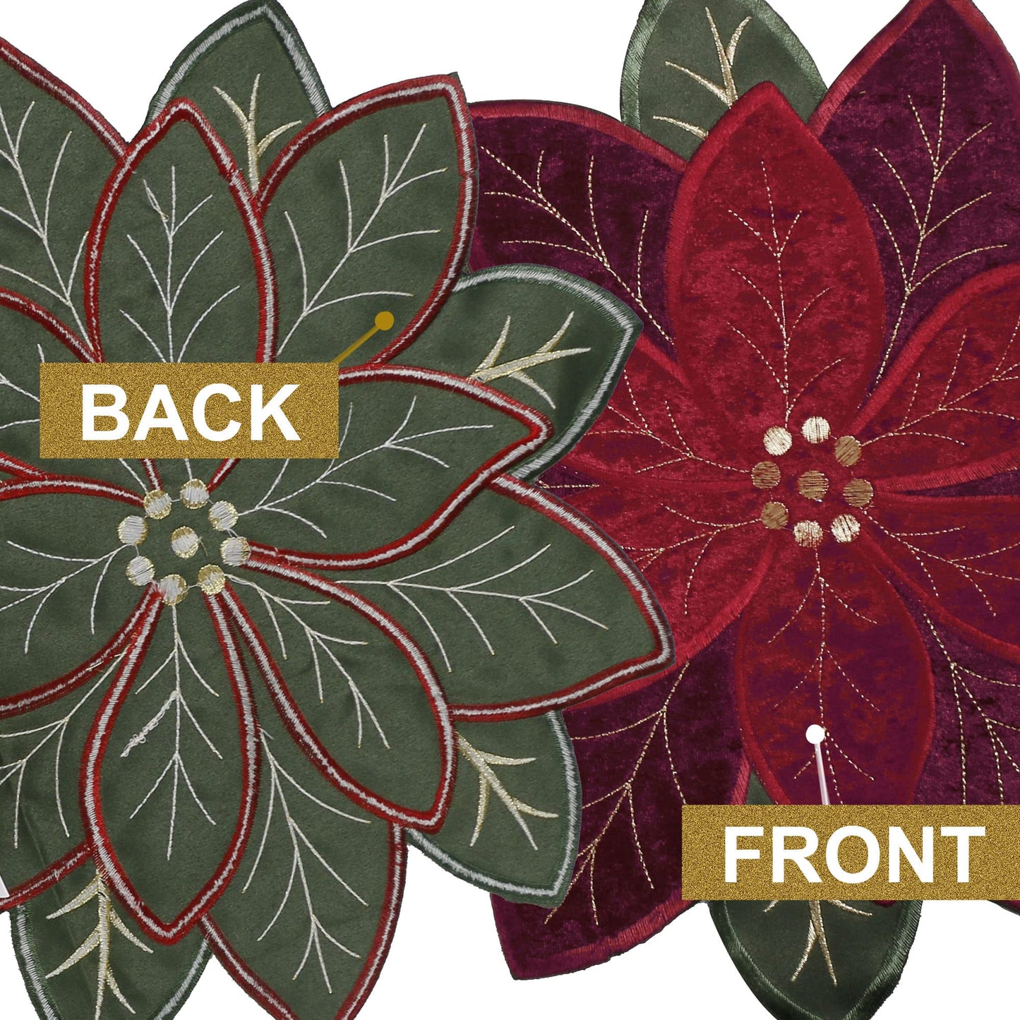 OWENIE Christmas Placemats Set of 4, Poinsettia Table Mats with Embroidered and Applique Velvet Fabric, 16 Inch x 16 Inch Diecut Placemat for XMAS Holiday Tabletop, Round Doilies for Dining Table, Red