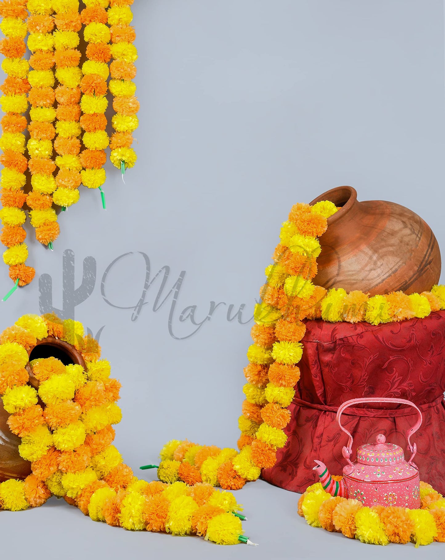 Marubhumi 5 PC - 5 feet Artificial Marigold Flower Garland – Long Strands for Diwali, Wedding & Festive Decoration – Traditional Indian Home Decor