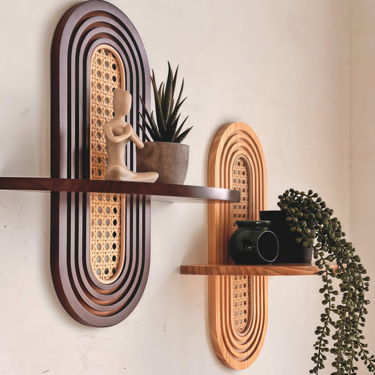 Homtik 1pc Mid-Century Modern Wall Shelf - Arched Wood & Woven PE Rattan Boho Decorative Floating Shelf, Vintage Aesthetic Decor for Living Room, Bedroom, Kitchen & Home Office (Walnut)