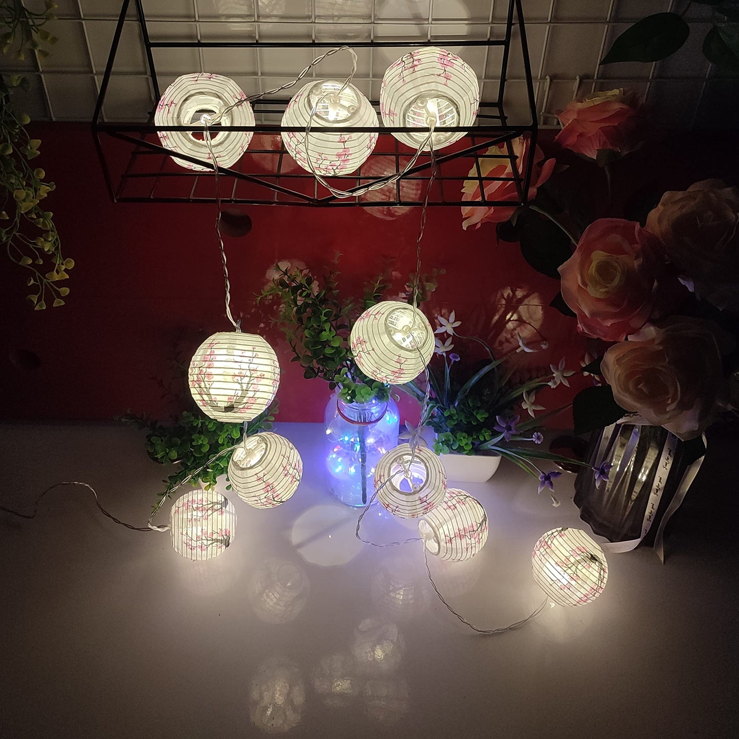 JYWJ Sakura (Cherry) Flowers White Color Chinese/Japanese Small Paper Lantern/Lamp 3" Diameter LED String Light Length 78.7" 2-AA Battery Powered & USB Charger Gift for Kids (Pink)