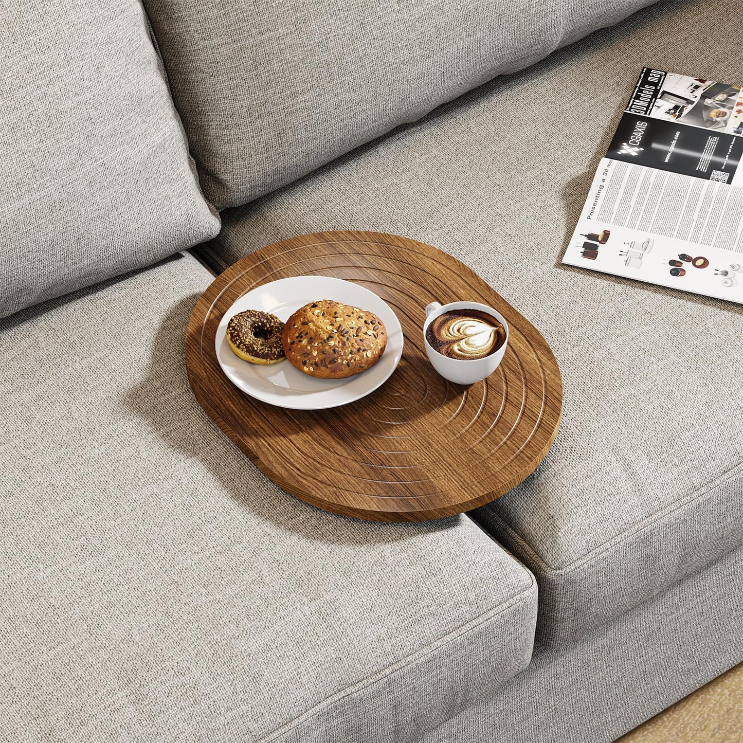 Asgolion Couch Tray Insert for Middle, 15.75"x12.6" Wood Sofa Tray, Folding Couch Armrest Table Fit Armless Couch/Sectional, for Drink Snacks Phone Remote Holder, Walnut