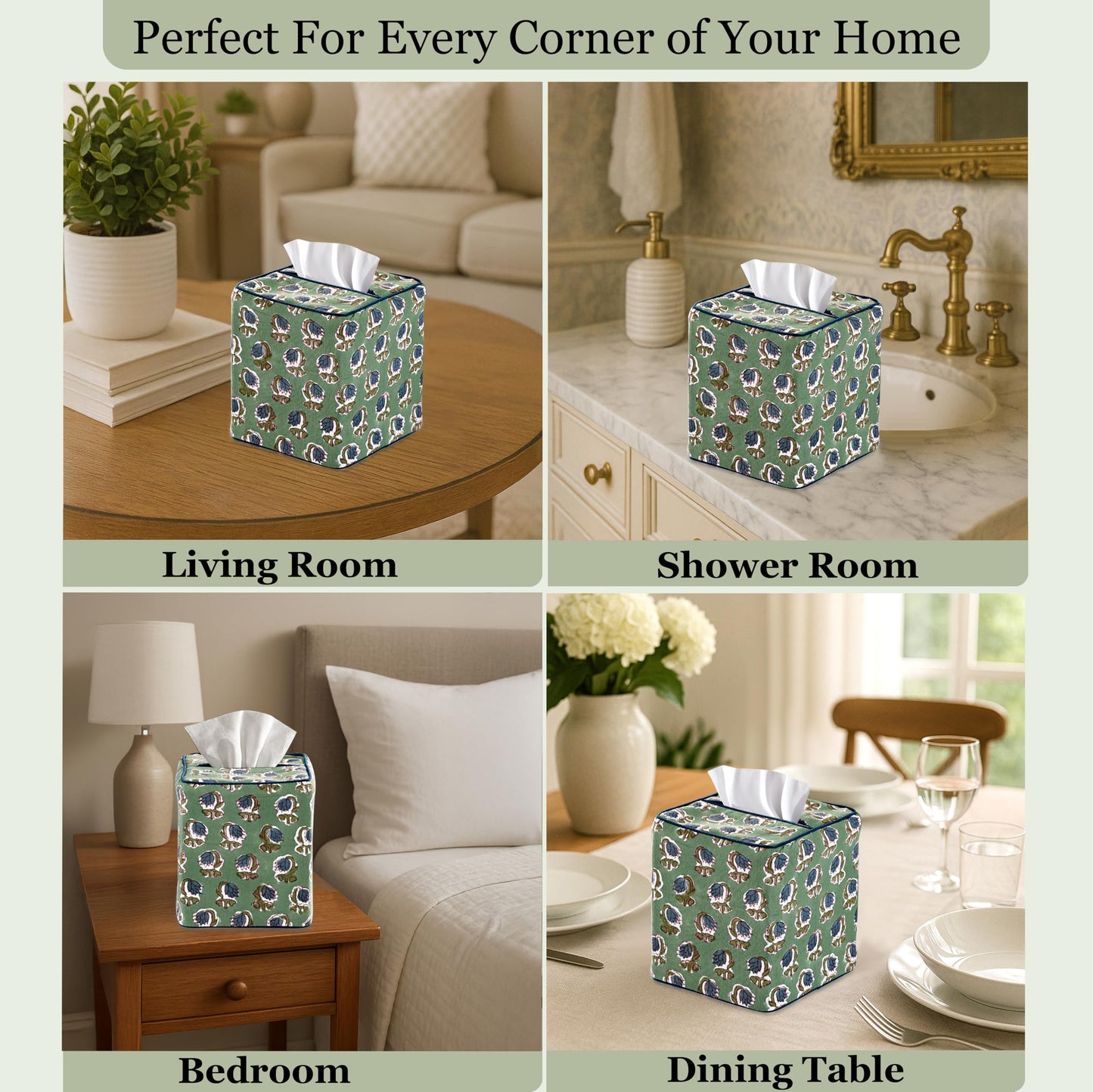 Ridhi Basil Green Block Print Tissue Box Cover Handmade Cotton Fabric Decorative Square Napkin Holder for Home Bedroom Living Room Bathroom Vanity Countertop Car Night Stands Office Kitchen