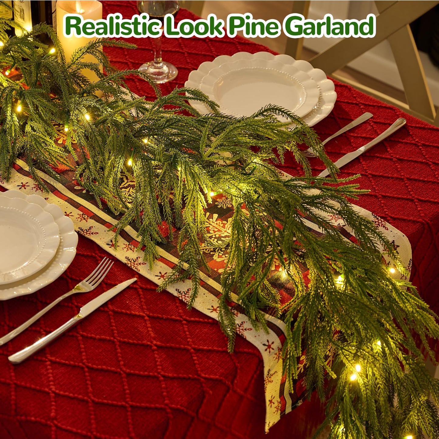 Christmas Garland with Lights for Mantle Prelit - INCIKITI 9FT Norfolk Pine Garland Prelit Garlands for Decoration Christmas, Battery Operated Christmas Garland with Lights for Stairs Railing Table