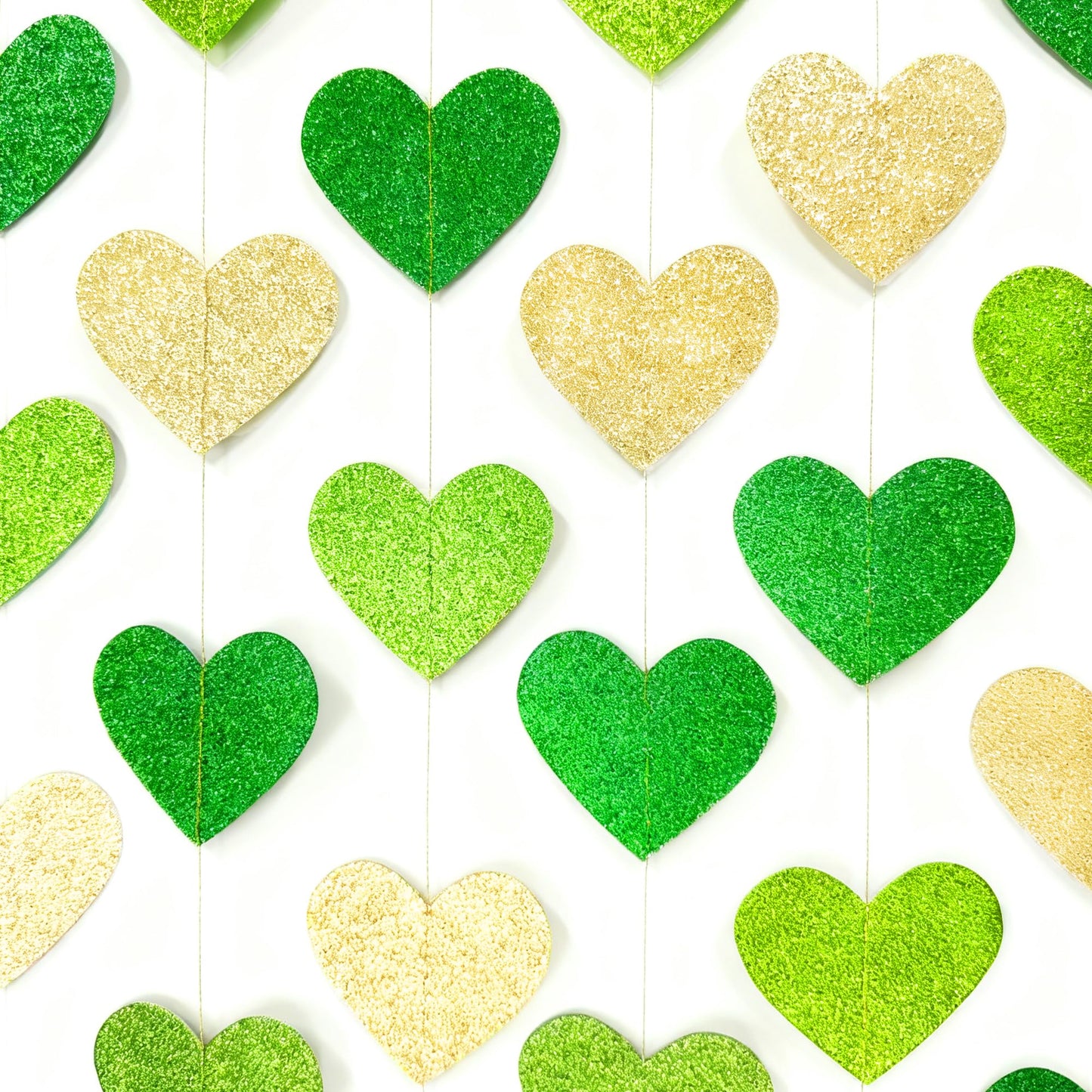 Gold and Green Heart Party Decorations Glitter Paper Love Heart Hanging Banner Streamer Garland for Birthday Wedding Valentines Day Spring Master Golf St Patrick's Day Christmas Holiday Party Supplies
