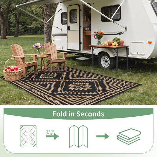 GENIMO Outdoor Rug for Patio Clearance - 5x8 ft Waterproof Plastic Camping Rugs, Reversible Outside Rv Mat Carpet for Porch, Deck, Picnic, Balcony, Beach, Backyard, Black Brown