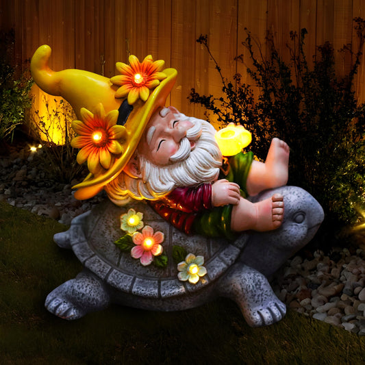 TUEVAK Garden Gnomes Outdoor Decor - Funny Sunflower Gnome Sitting on Turtle with Solar Lights, Gnomes Decoration for Lawn Yard Patio, Garden Gifts for Women, Mothers Day, Housewarming