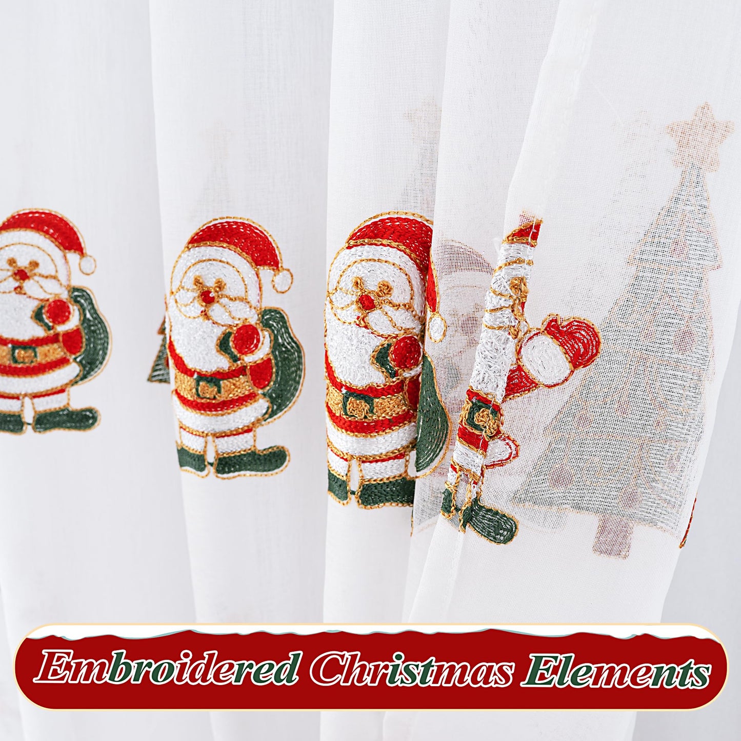 BROSHAN Red Embroidered Sheer Christmas Window Curtains 84 inches Long for Living Room- Xmas Tree Santa Patterned White Drapes 2 Panels Set for Winter Holiday Bedroom Dining Room Decor,Gold Green