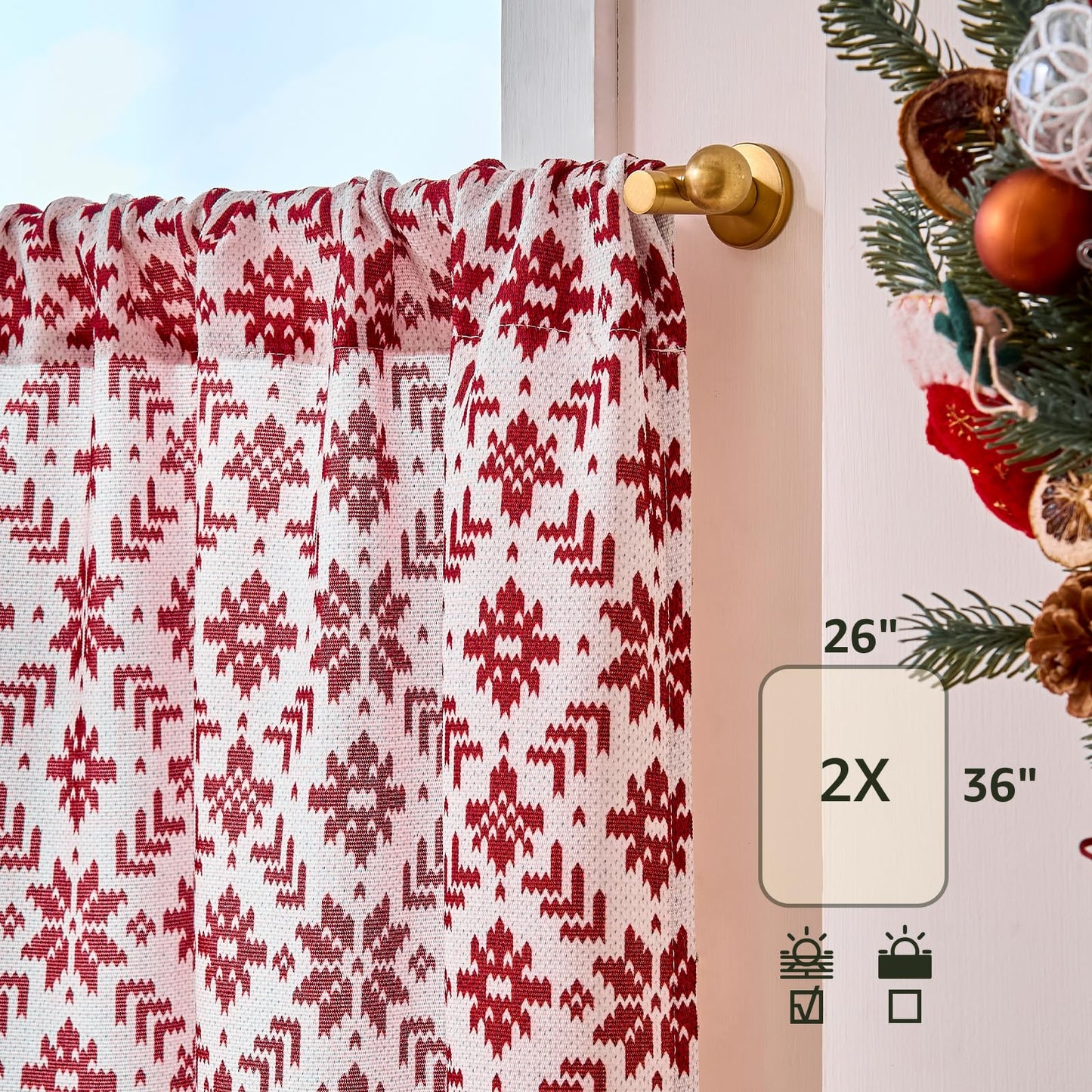 jinchan Snowflake Plaid Christmas Curtains 36 Inch Length Cafe Curtain Red Faux Canvas Textured Knit-Look Tier Curtains Holiday Christmas Decorations for Living Room Small Windows Rod Pocket 2 Panels