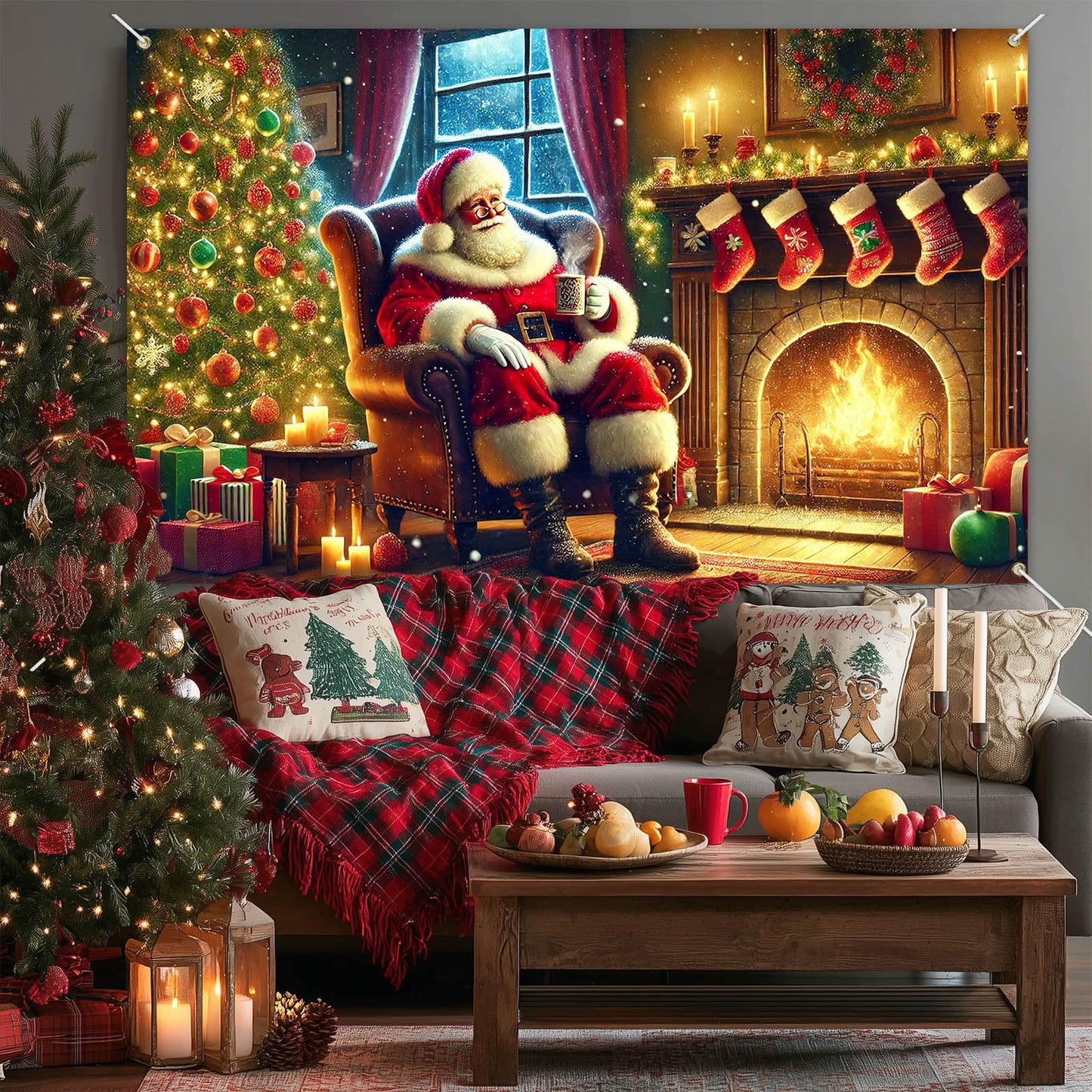 BlissYard Christmas Banner Santa Claus Fireplace Tree Holiday Wall Decoration Warm Cozy Living Room Scene Background Indoor Outdoor Party Decor for Home 71 X 43 Inches