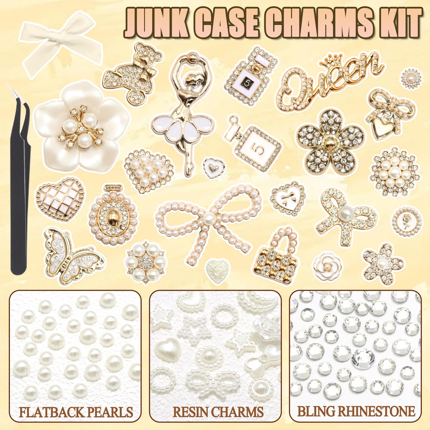 BELICEY Junk Case Charms Elegant Flower Butterfly Charm for Phone Case 3D Bow Heart Bear Junk Phone Case Kit Flatback Pearls Rhinestone for Customizing DIY Craft Accessories