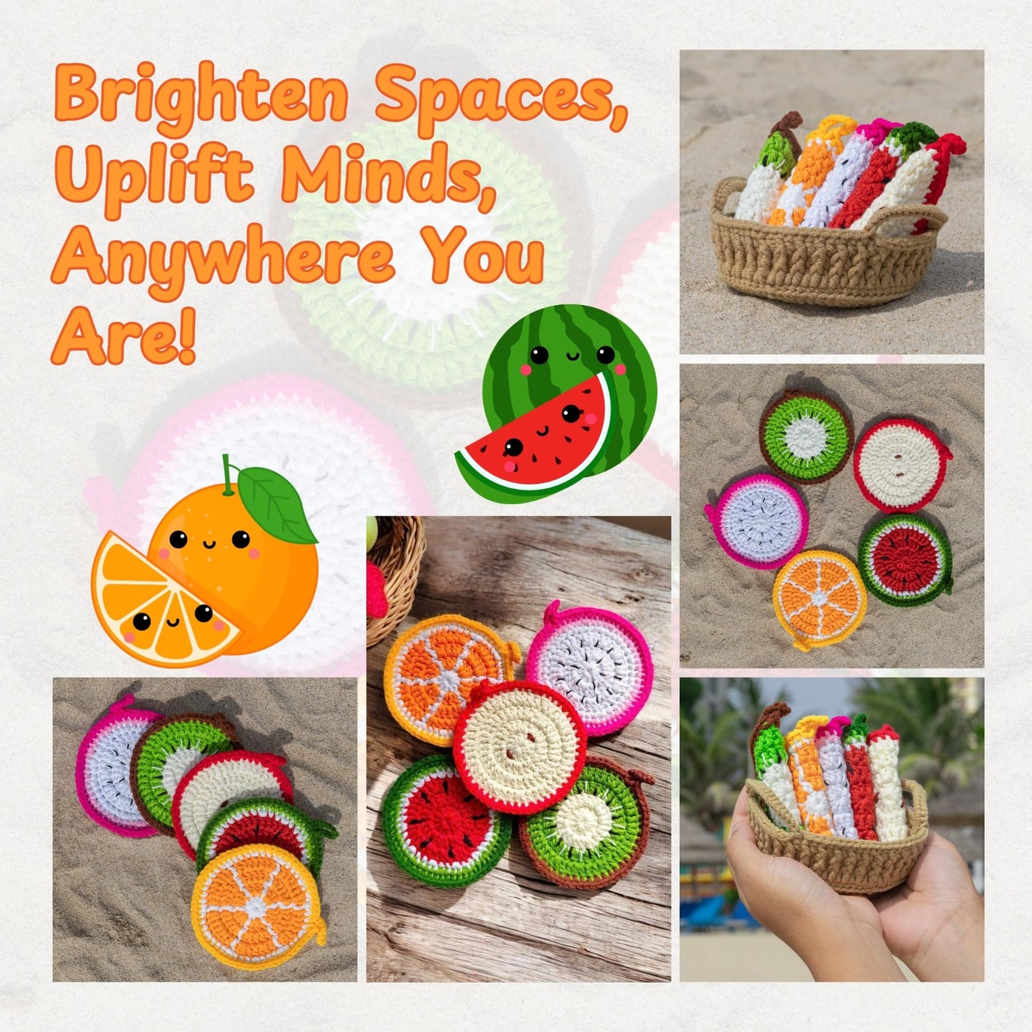 Handmade Yarn Coasters with Storage Basket, 5-Pack Soft Crochet Drink Coasters, Washable Durable Cup Coasters, for Mom, Coffee Lovers (Fruit)