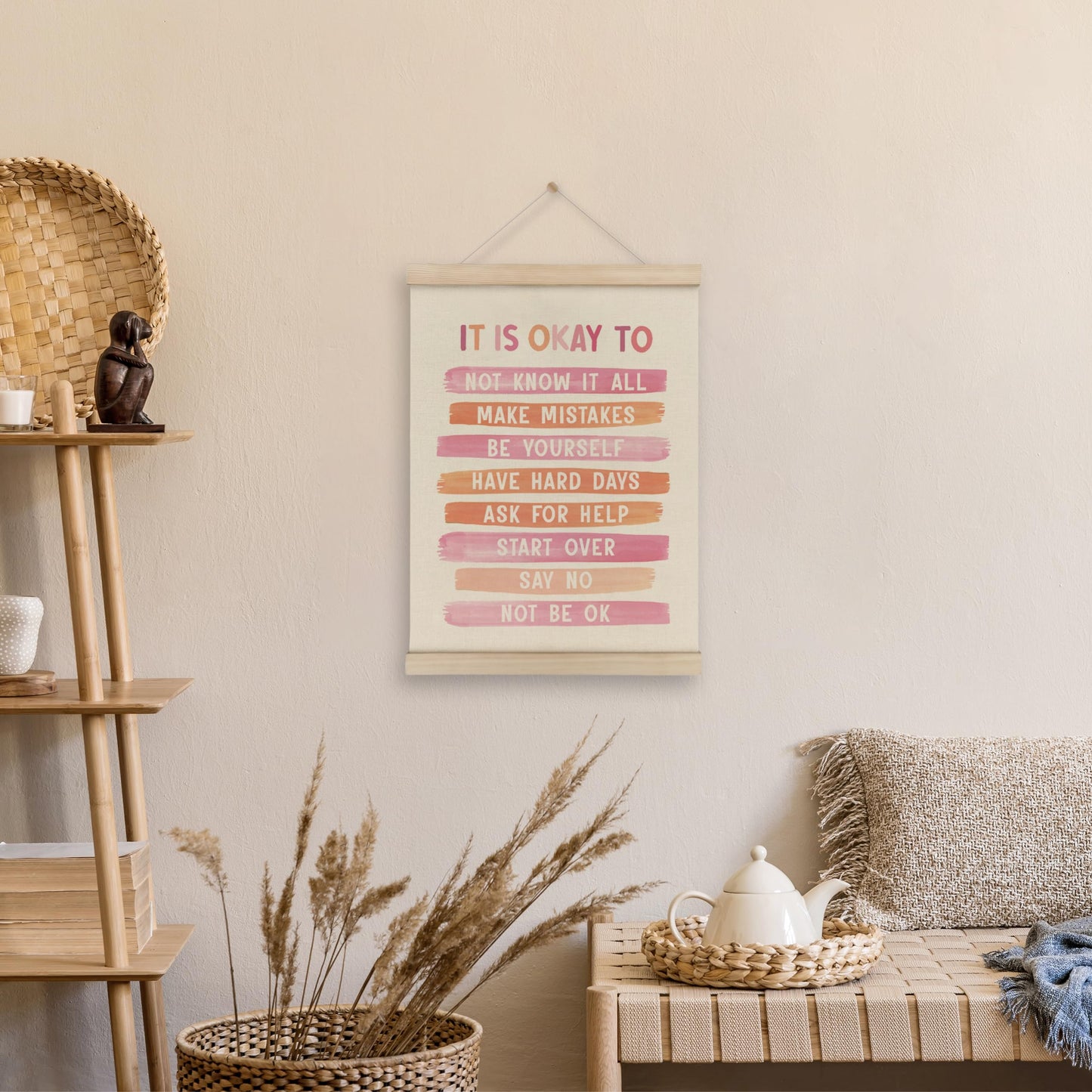 HRQKO It is Okay Pink Boho Poster Hanger Frame, Pink wall decor, Inspirational Posters Wall Art with Wooden Frames, Mental Health Wall Hanging Banner for Therapy Office Girls Room Nursery, 12x16 Inch