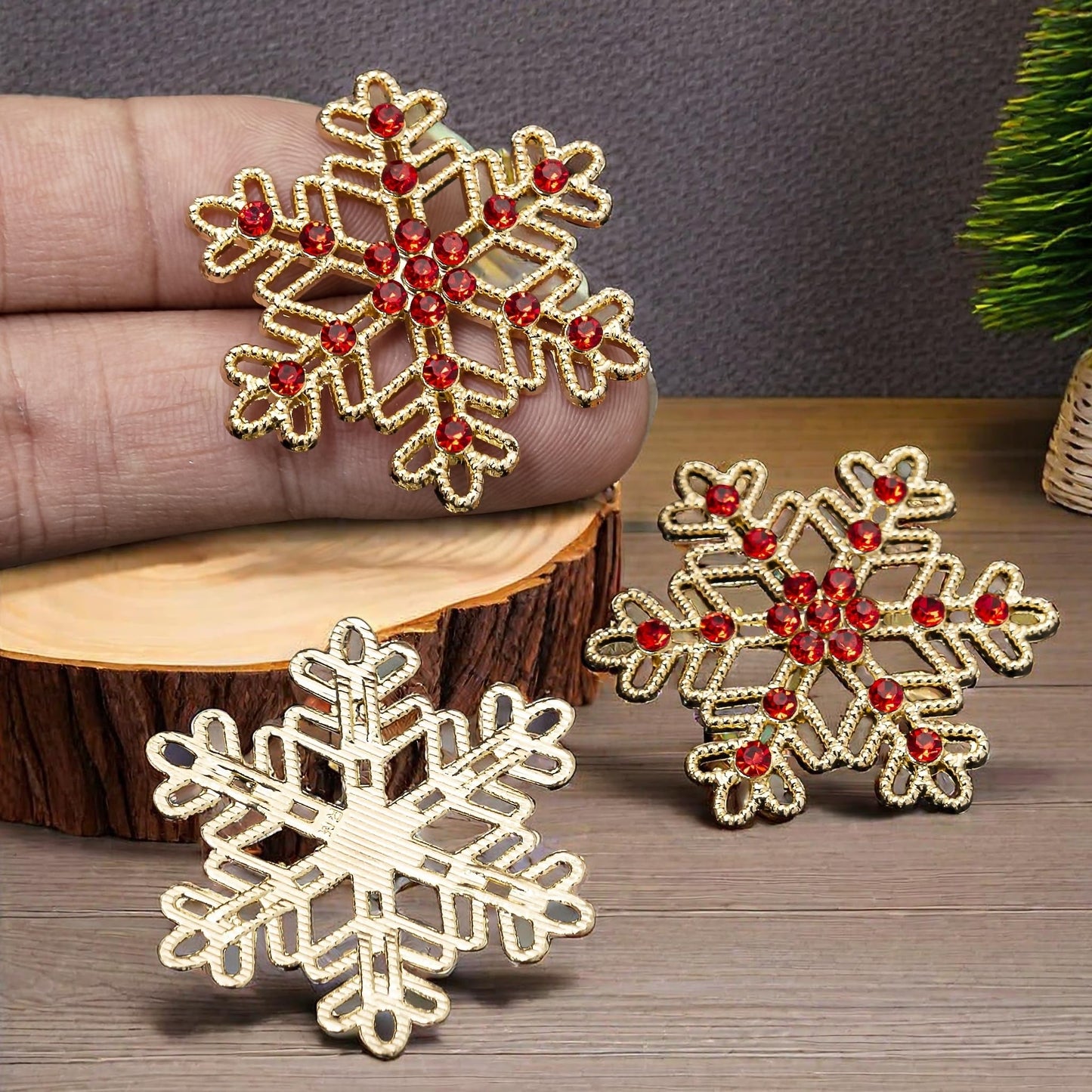 Rodvanvo 10PCS Large Hollow Hexagonal Winter Holidays Embellishment DIY Craft for Party Decorations Gift Box,Dress,Rhinestone Alloy Appliques Christmas Day Home Decor (Gold Bottom Red Rhinestone)