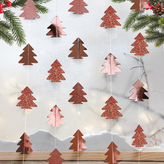 Cheerland Rose Gold Christmas Tree Garland Happy Holidays Banner Woodland Theme Party Decoration Xmas Hanging Backdrop Christmas Banner Wall Decor for Winter Birthday Party New Year Decorations