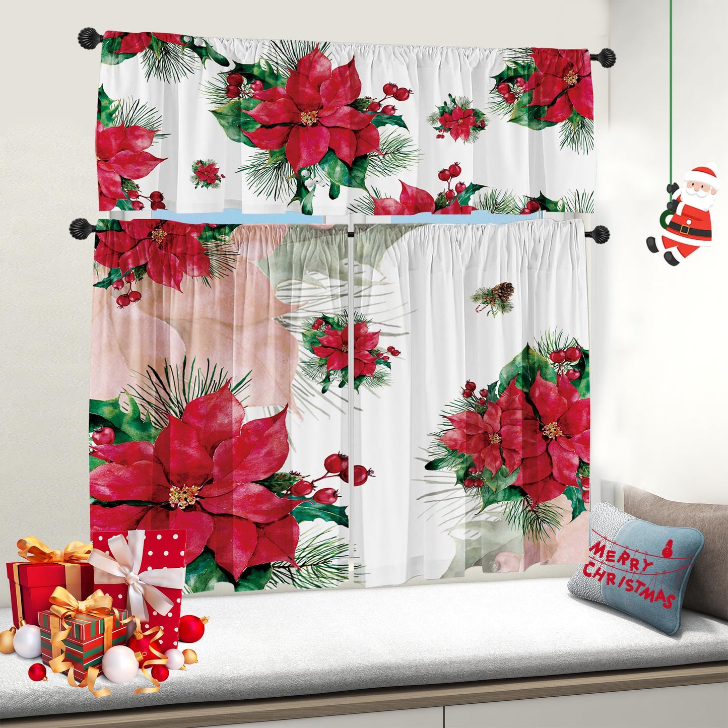 Deztibos Christmas Poinsettia Curtain Valances Set - Upper & Lower Curtains, 52'' L x 18'' W & 36'' L x 26'' W, Kitchen Windows Decor, 3 Piece Set, Red
