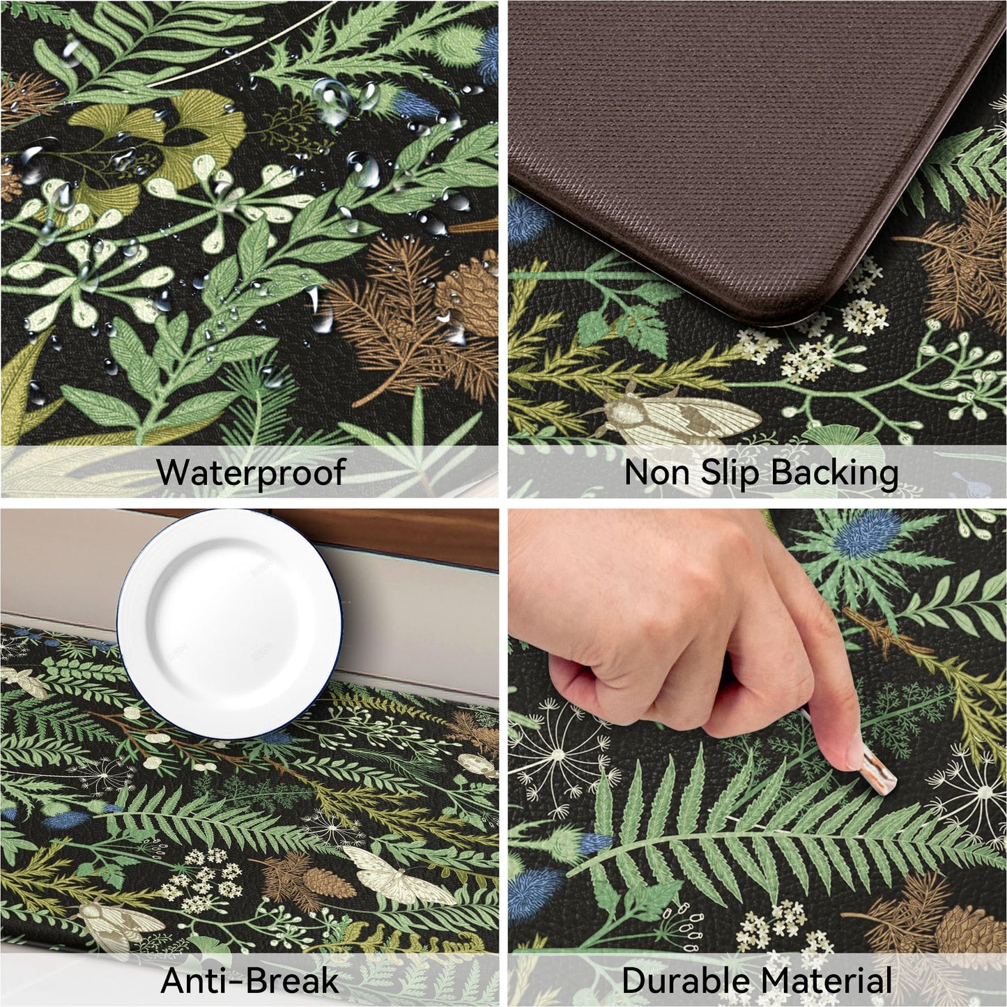 Black Green Botanical Kitchen Rugs Set of 2 Plant Leaf Anti-Fatigue Kitchen Mat Natural Comfort Standing Waterproof PVC Mats 2/5" Thick Leather Carpet for Laundry Office Sink(17.3" x28" + 17.3" x 47")