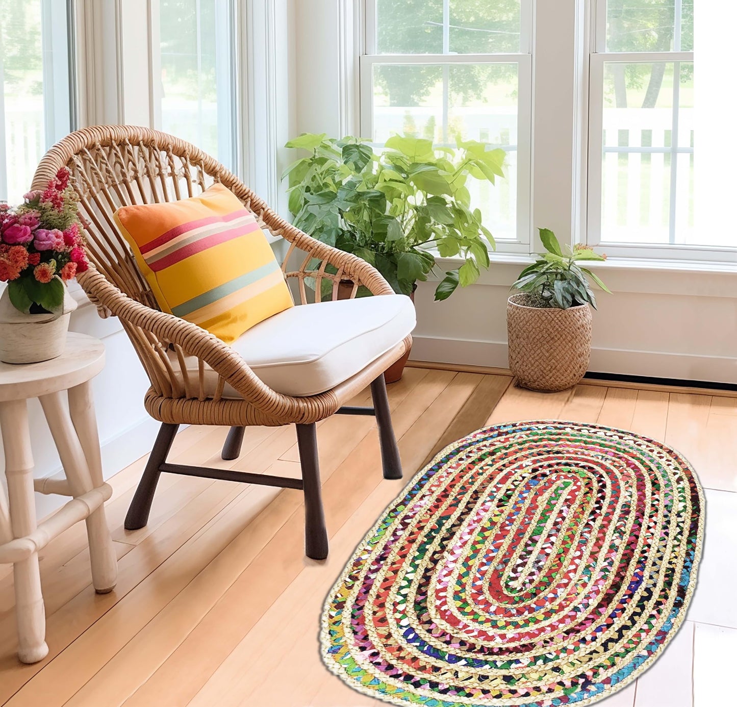 COTTON CRAFT Jute Chindi Braid Rag Rug - Boho Farmhouse Rustic Area Accent Throw Rug - Handwoven Reversible Natural Recycled Cotton- Living Room Den Study Home Décor Gift - 2' x 3' Oval - Multi Color
