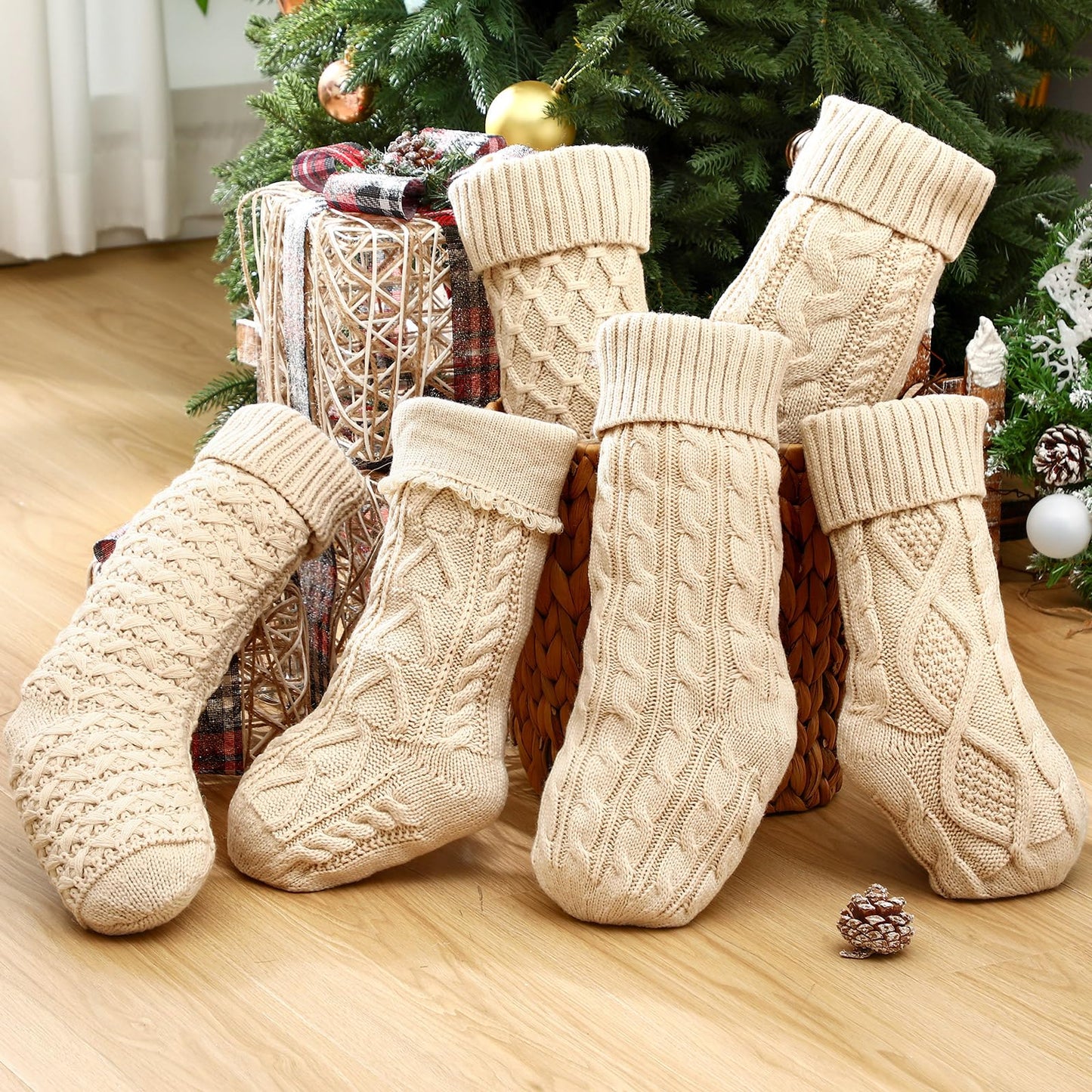 Chicingyou 6 Pcs Christmas Stockings 18" 14'' Cable Knit Neutral Stockings Rustic Farmhouse Fireplace Christmas Ornaments Handmade Boho Knit Socks for Mantel Tree Wall Holiday Decor(Cream)
