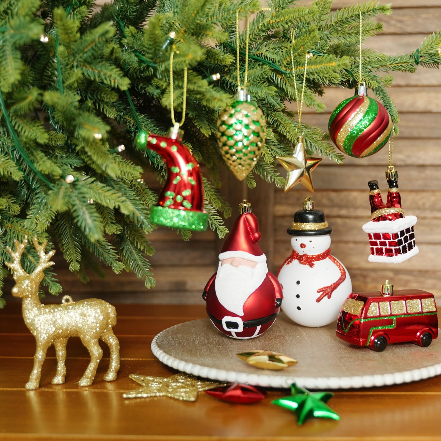 Alupssuc 100 Pcs Christmas Ball Ornaments Set, Santa Claus and Snowman Christmas Tree Decoration Baubles for Indoor Outdoor Holiday Wedding Party Decoration Tree with Hanging Rope, Red & Green & Gold