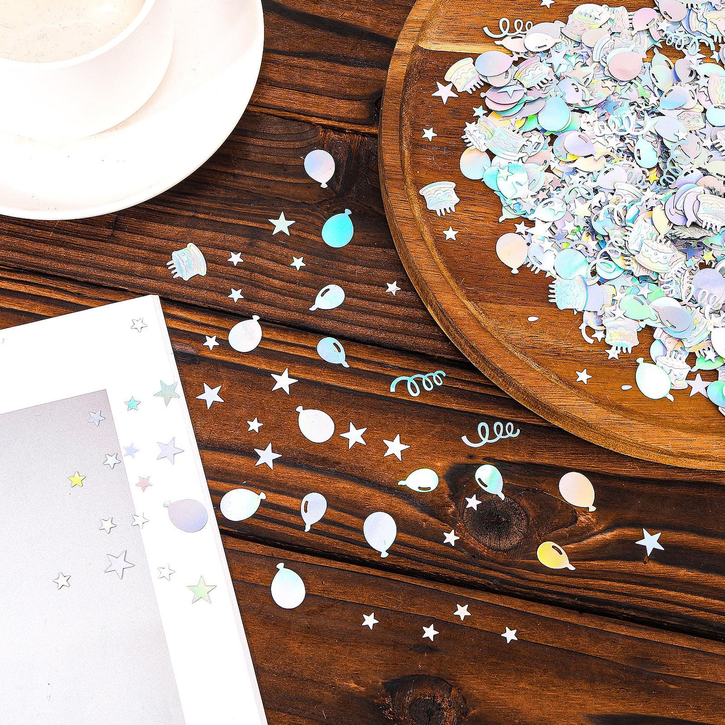 Gosknor 600pcs Birthday Confetti, Metallic Birthday Table Scatter Iridescent Party Confetti for DIY Crafts Cake Balloons Stars Ribbons Shapes Festive Table Decoration