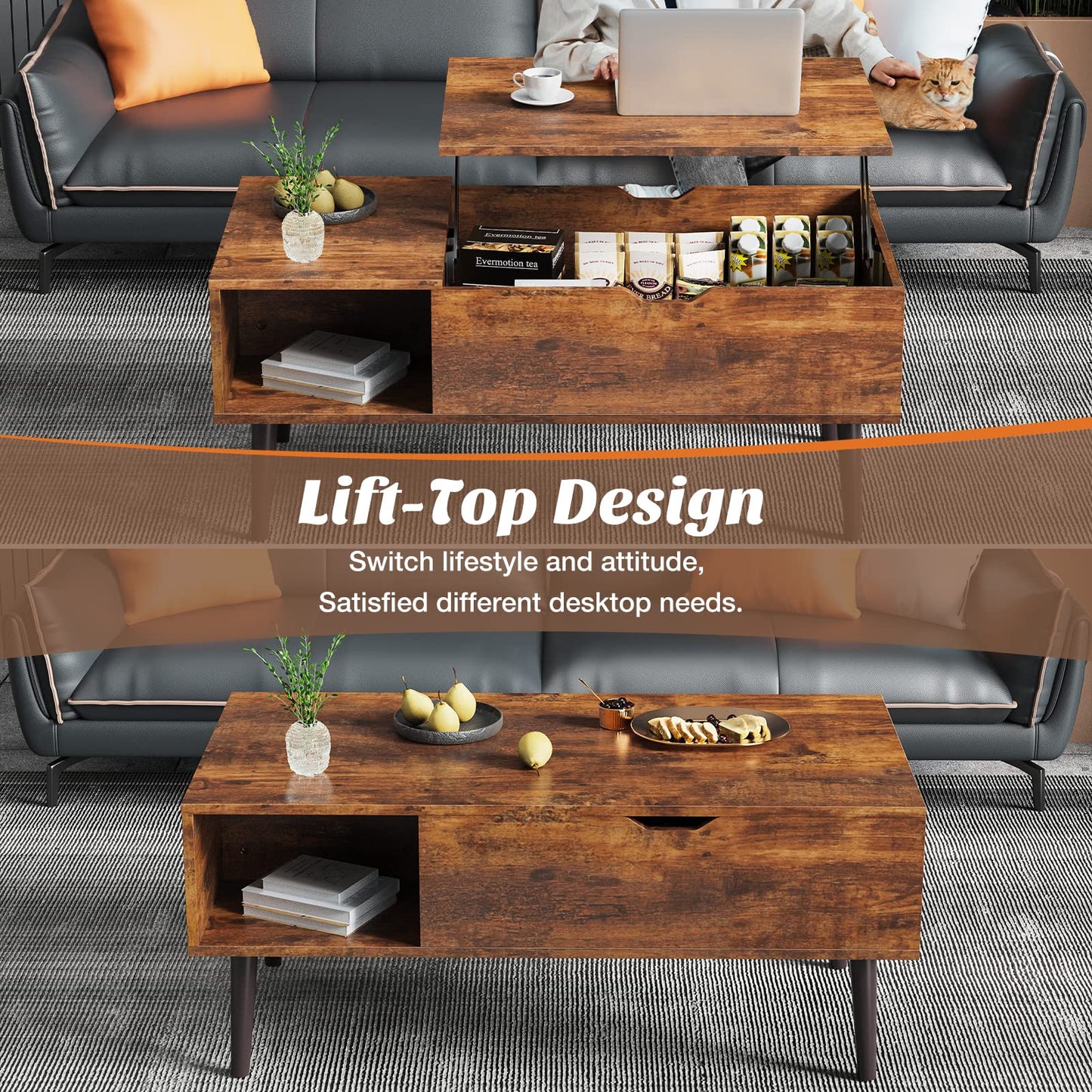 Sweetcrispy Lift Top Coffee Tables for Living Room, Small Rising Wooden Center Tables with Storage Shelf and Hidden Compartment, Brown