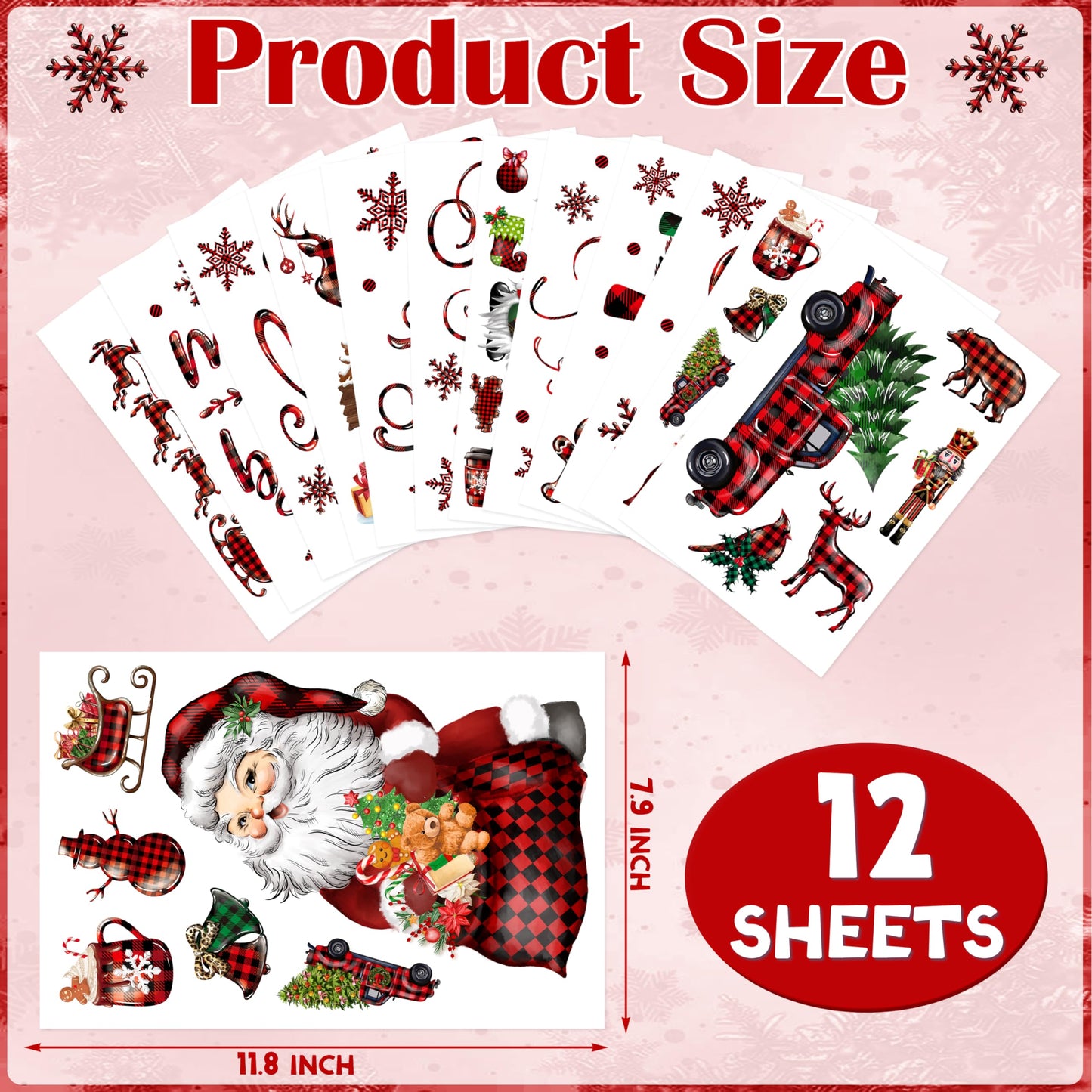 BORAMDO Christmas Window Clings 12 Sheets, Buffalo Plaid Xmas Window Decals Stickers Removable Holiday Decorations for Home & Office, 12 Styles